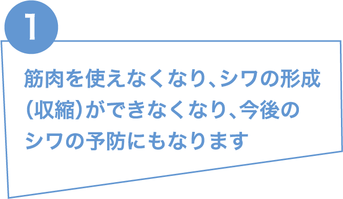 筋肉を使えなくなり、シワの形成(収縮)ができなくなり、今後のシワの予防にもなります